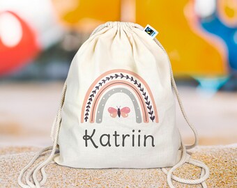 Personalized drawstring bag made of organic cotton | with name of your choice | rainbow pink | backpack for school and kindergarten