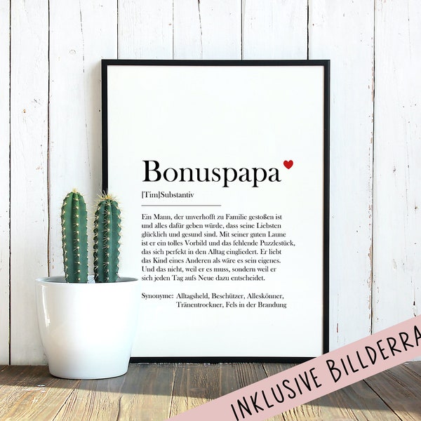 Personalisiertes Wandbild | mit Wunschnamen | BONUSPAPA | DIN A4 | mit Rahmen und Echtglas | Poster mit liebevoller Papa Duden Definition