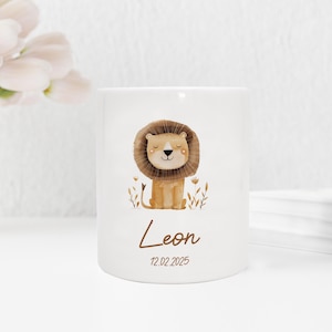 Personalisierte Spardose aus Keramik | mit Wunschnamen und Datum | Löwe | Tierparty | bezauberndes Geldgeschenk für Kinder