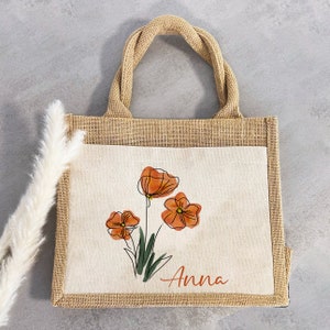Personalisierte Jute Pocket Tasche mit Wunschnamen Frühling Mohnblumen an Blumen erfreuen auch als Geschenktasche Bild 5