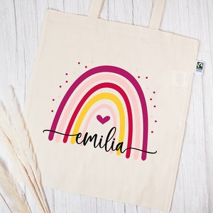 Personalisierte Stofftasche aus Bio- Baumwolle | mit Wunschnamen | Regenbogen bunt | Herz | Henkeltasche natur