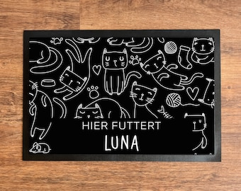 Eat here | Cats | Bowl mat with non-slip rubber base | personalized with desired name | 50x75cm