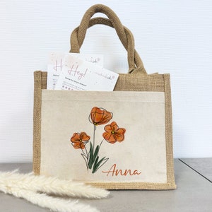 Personalisierte Jute Pocket Tasche mit Wunschnamen Frühling Mohnblumen an Blumen erfreuen auch als Geschenktasche Mohnblumen