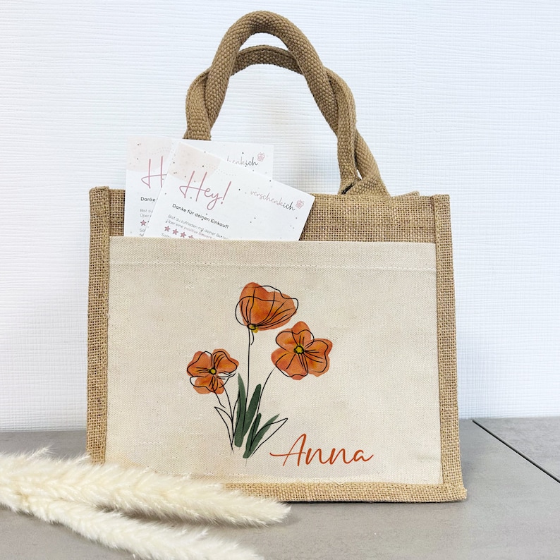 Personalisierte Jute Pocket Tasche mit Wunschnamen Frühling Mohnblumen an Blumen erfreuen auch als Geschenktasche Mohnblumen