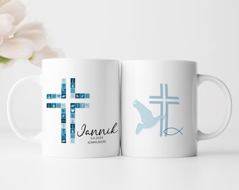 Personalisierte Tasse | mit Wunschnamen und Datum | Kreuz Blau | Tasse zur Taufe, Kommunion oder Konfirmation | Geschenk als Erinnerung