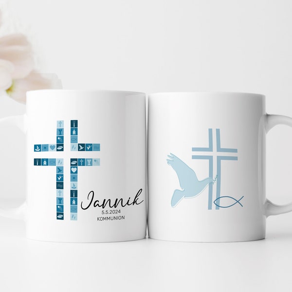 Personalisierte Tasse | mit Wunschnamen und Datum | Kreuz Blau | Tasse zur Taufe, Kommunion oder Konfirmation | Geschenk als Erinnerung