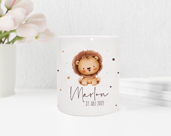 Salvadanaio personalizzato | con nome e data desiderati | Leone | Animali bambini | Regalo in denaro per nascita, battesimo o compleanno