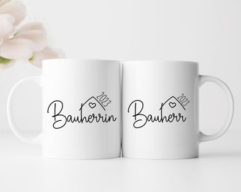 Personalisiertes Tassen Set | für den Hausbau mit Jahreszahl | Bauherr + Bauherrin 1 | Hingucker auf der Baustelle | Geschenk zum Richtfest