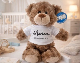 Personalisierter Teddy mit Namen & Datum | Teddybär Kuscheltier zur Geburt | Baby Geschenk für Jungen + Mädchen