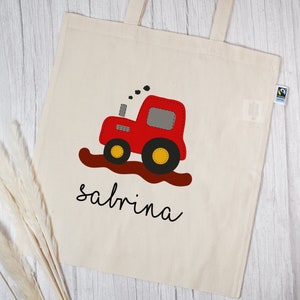 Personalized organic cotton fabric bag | with your desired name | Tractor red | Natural handle bag
