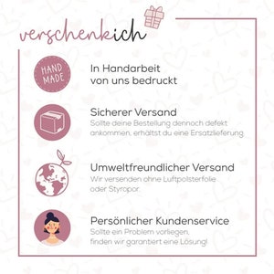 May include: A pink-framed graphic with the word "verschenkich" at the top, featuring icons and text. The icons include a "Hand Made" badge, a package, a globe with a sprout, and a person. The text describes handmade printing, secure shipping, eco-friendly shipping, and personal customer service.