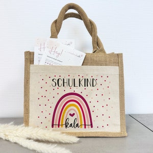 Einschulung | Personalisierte Jute Pocket Tasche | mit Wunschnamen | Schulkind Regenbogen pink- bunt | als Geschenktasche für Schulanfang