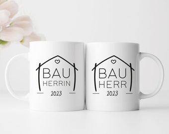 Personalisiertes Tassen Set | für den Hausbau mit Jahreszahl | Bauherr + Bauherrin 2 | Hingucker auf der Baustelle | Geschenk zum Richtfest