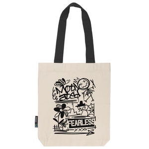 Jutebeutel Stoffbeutel | feste Stofftasche aus Fairtrade Bio- Baumwolle mit langen Henkeln | Fearless | natur mit schwarz