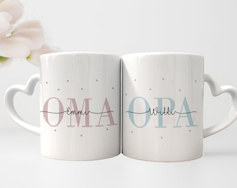Personalisierte Tassen im Set | Herzhenkel | Kaffeetasse für Oma + Opa | mit Enkelkind Namen | Keramik | Geschenkidee zur goldenen Hochzeit