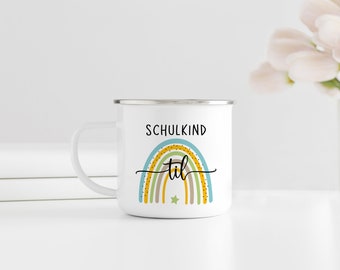 school child rainbow blue-green | Enamel mug silver | personalized with desired name
