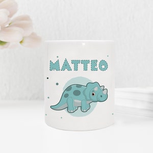 Personalisierte Spardose aus Keramik | mit Wunschnamen | Dino 1 | Triceratops | türkis | Geldgeschenk für Dinosaurier Fan