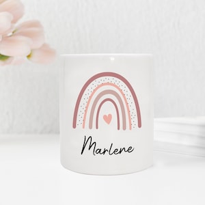 Personalisierte Spardose aus Keramik | mit Wunschnamen | Regenbogen altrosa- rosa | Schrift 02 | Herz | bezauberndes Geldgeschenk