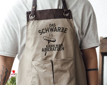 Grillschürze mit Kunstleder Applikation | Das schwarze kann man abkratzen | beige | Geschenk Idee für Barbecue Fan