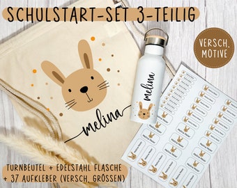 School start set 3-piece | personalized | Gym bag made of organic cotton | Stainless steel drinking bottle | Sticker Set (37 pcs. | water repellent)