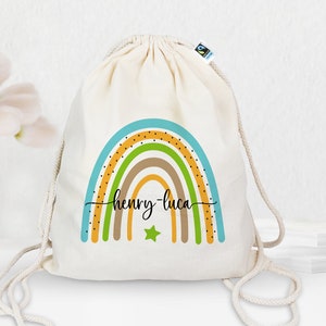 Personalized gym bag made of organic cotton with desired name Rainbow blue-green Backpack for school and kindergarten Regenbogen-blau-grün