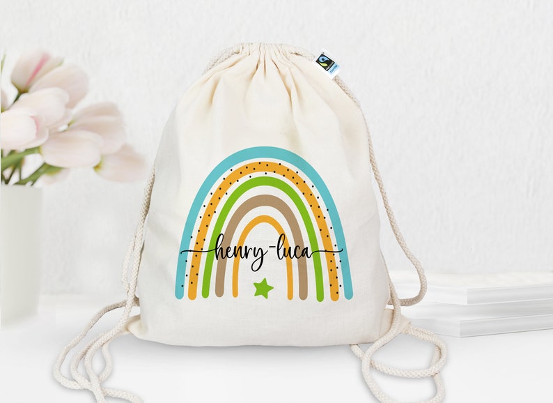 Personalized gym bag made of organic cotton with desired name Rainbow blue-green Backpack for school and kindergarten Regenbogen-blau-grün