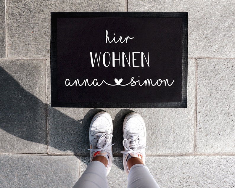 Personalized doormat with desired name Live here 35 x 50 cm or 40 x 60 cm Gift idea for moving, moving in for couples image 1