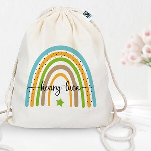 Personalized gym bag made of organic cotton with desired name Rainbow blue-green Backpack for school and kindergarten image 2