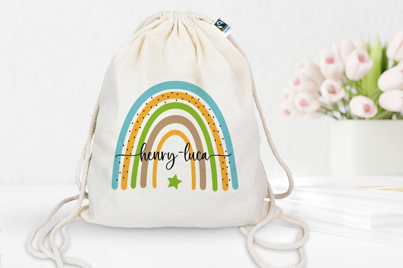 Personalized gym bag made of organic cotton with desired name Rainbow blue-green Backpack for school and kindergarten image 2