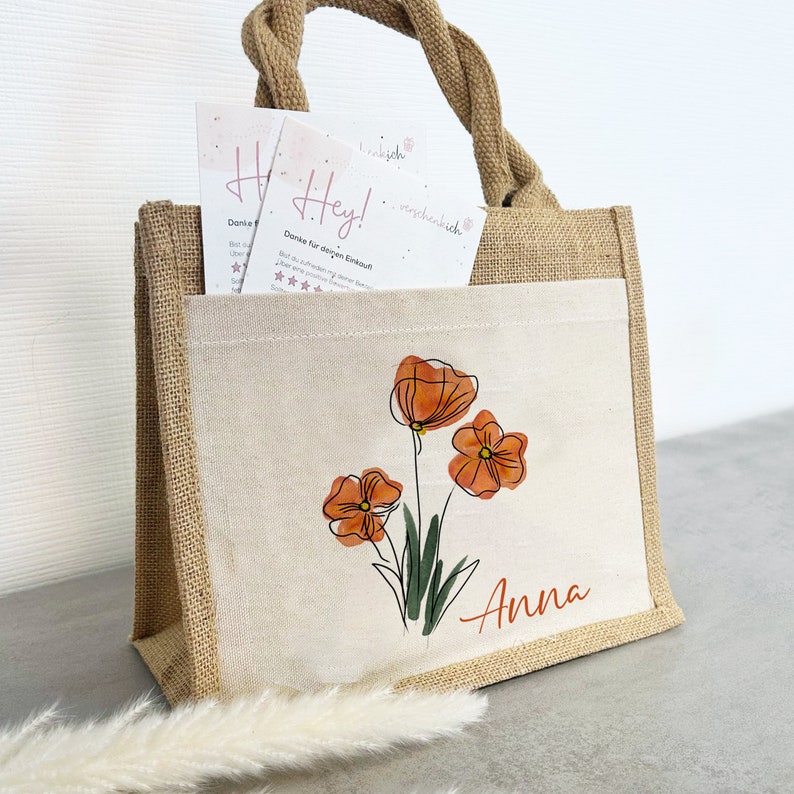 Personalisierte Jute Pocket Tasche mit Wunschnamen Frühling Mohnblumen an Blumen erfreuen auch als Geschenktasche Bild 3