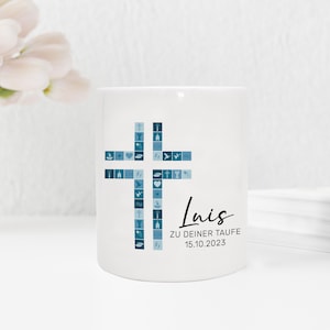Personalisierte Spardose aus Keramik | mit Wunschnamen und Datum | Taufe Kreuz | blau | Geschenkidee für ein Geldgeschenk