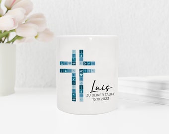 Cofrinho personalizado para batismo e primeira comunhão | Cofrinho de cerâmica com nome e data | Cruz Azul | Presente cristão em dinheiro