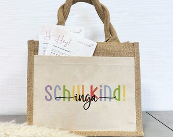 First Day of School | Personalized Jute Pocket Bag | with Name of Your Choice | Schoolchild Colorful Design 2 | Cursive Script | Gift Bag for the Start of School