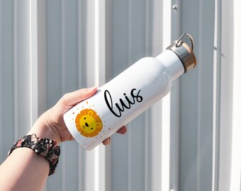 Personalisierte Edelstahlflasche | Trinkflasche mit Wunschnamen | Löwe | Isolierflasche ideal für die Schule und unterwegs