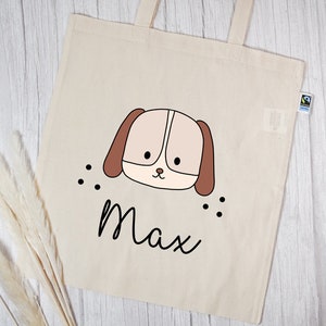 Personalisierte Stofftasche aus Bio- Baumwolle | mit Wunschnamen | Hund | Henkeltasche natur | praktisch für Kindergarten und Schule