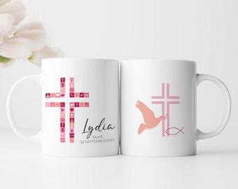 Personalisierte Tasse | mit Wunschnamen und Datum | Kreuz Rosa | Tasse zur Taufe, Kommunion oder Konfirmation | Geschenk als Erinnerung