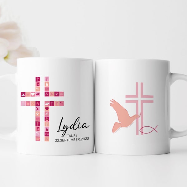 Personalisierte Tasse | mit Wunschnamen und Datum | Kreuz Rosa | Tasse zur Taufe, Kommunion oder Konfirmation | Geschenk als Erinnerung