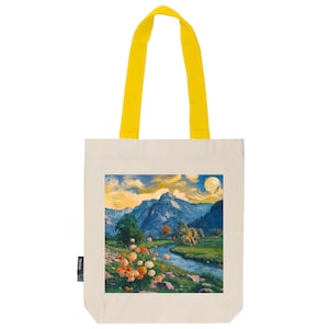 Jutebeutel Stoffbeutel naturfarben aus Fairtrade Bio- Baumwolle | feste Stofftasche mit langen Henkeln | Gemälde 1 | Gebirge mit Fluss