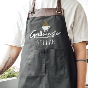 Personalized grill apron with faux leather appliqué | Grill master | black | Grilling with your desired name | Gift idea for barbecue fans