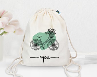Personalisierter Turnbeutel aus Bio- Baumwolle | mit Wunschnamen | Fahrrad Bubble mint | Rucksack für Sport und Einkauf