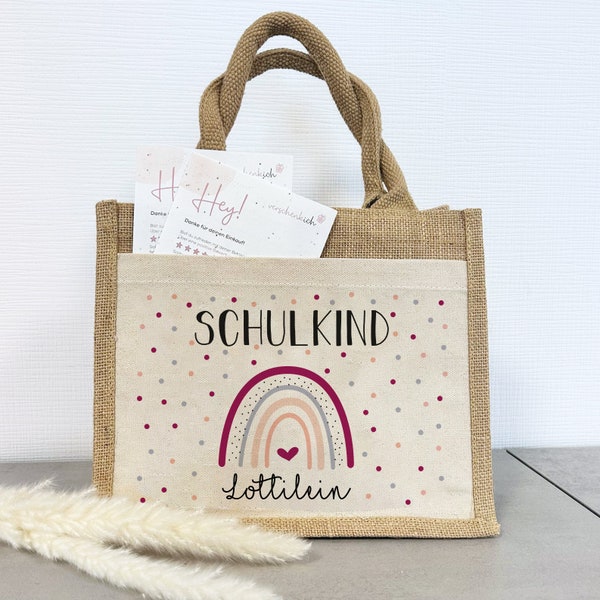 Einschulung | Personalisierte Jute Pocket Tasche | mit Wunschnamen | Schulkind Regenbogen Herz | Lila | als Geschenktasche für Schulanfang