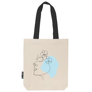 Jutebeutel Stoffbeutel | feste Stofftasche aus Fairtrade Bio- Baumwolle mit langen Henkeln | Gesicht Linien blau | natur mit schwarz