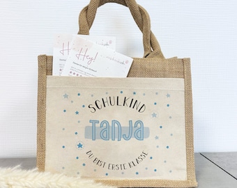 First day of school | Personalized jute pocket bag | with desired name | Schoolchild blue | also as a gift bag for the start of school