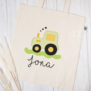 Personalized fabric bag made of organic cotton | with desired name | tractor green | natural handle bag
