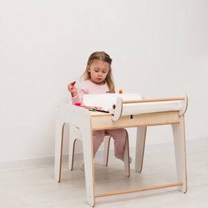 Childrens Table and Chairs, Preschool Learning Table and Chairs, Table for Kids, Study Desk, Wooden Toddler Activity Table with Paper Holder image 6
