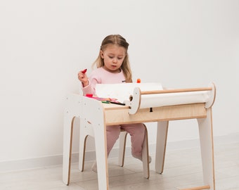 Kids Montessori furniture, Wooden Kids Table and Chair Set, Montessori Table And Chair, Wood Activity Table, White Montessori Table, Toddler