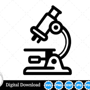 Puede incluir: Ilustración en blanco y negro de un microscopio. El microscopio tiene una base redonda y un brazo largo con una lente en la parte superior.