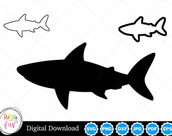 Silueta de tiburón blanco con dos contornos / Tiburón blanco SVG / Archivos de corte de tiburón blanco