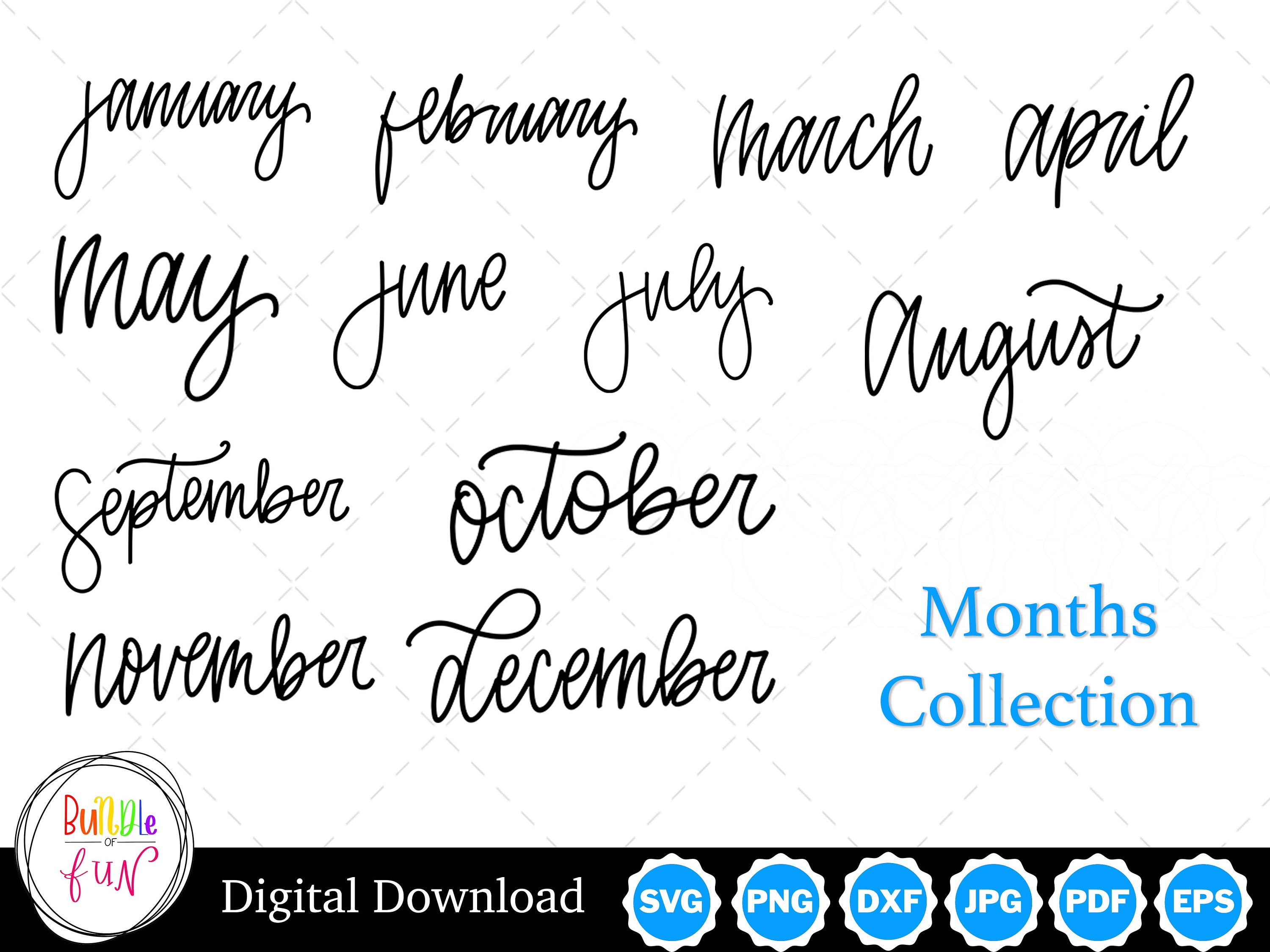 Cursive Script Months Silhouettes Clip Art Months SVG Months PNG Il Fullxfull.3683800855 Na5h