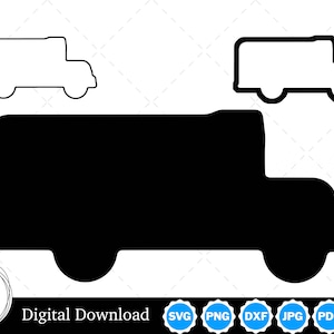 May include: Black and white silhouette of a school bus. The bus is outlined in black and is filled in with black. The bus is facing to the right. The bus is a simple design with no details.